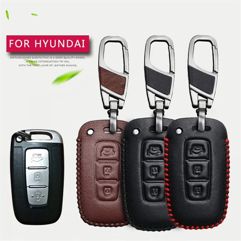 Real Leather Car Key Ring Holder Key Case Cover For Hyundai IX35 Hb20 I30 IX20 I10 Solaris 2017 Creta Getz 3 Buttons Key Chain