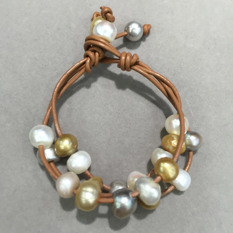 Casual sporty  Baroque Natural Fresh water Pearl bracelet brown  leather  fashion women jewelry 10MM some hole or spots