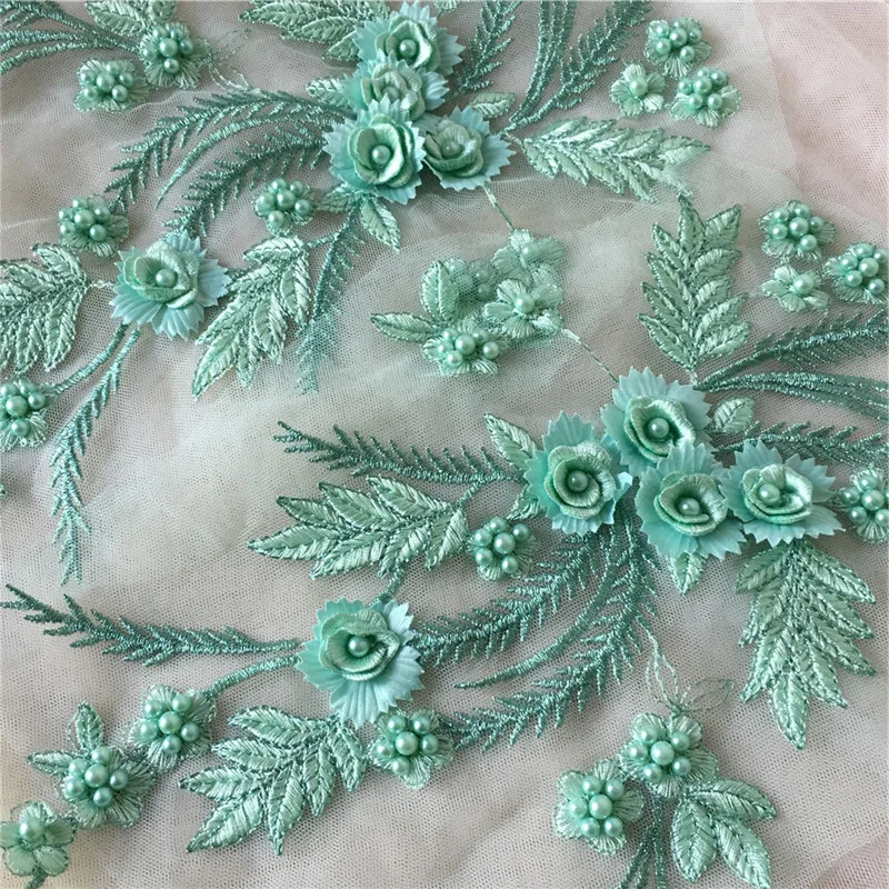 Pretty Mint Green Pearl Beaded 3D Flower Embroidered Lace Applique For Wedding Dress Costumes 2PC