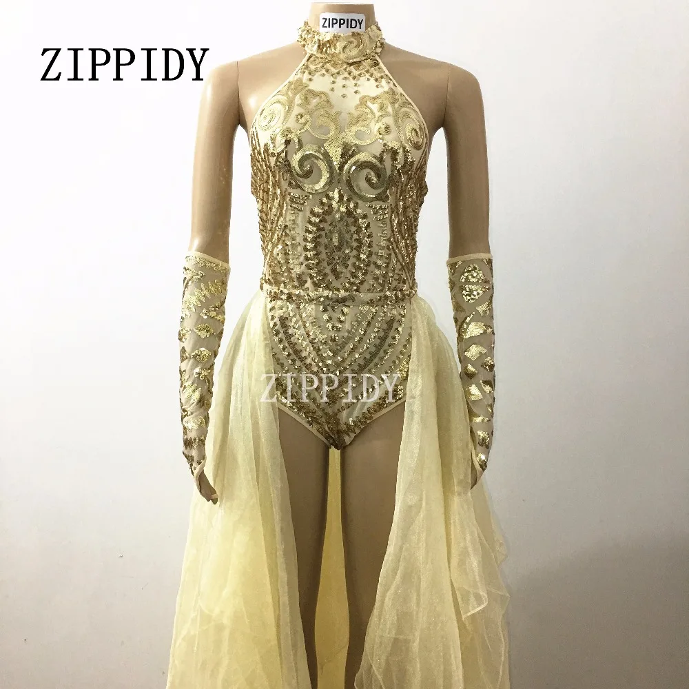 Glisten Gold Sequins Bodysuit Skirt Set Women\'s Stretch Leotard Outfit Long Train Nightclub Costume Two Pieces Clothing Set