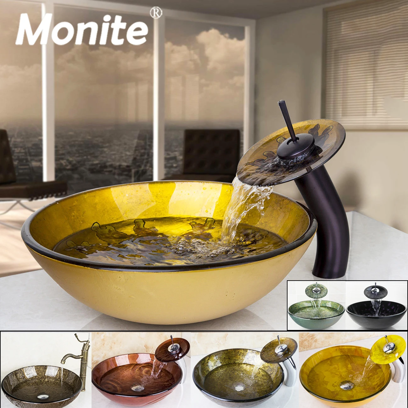 

Monite Special Sale Glass Basin Sink Faucet Hand Paint Vessel Sink Bowl with Brass Faucet Water Drain Bathroom Set