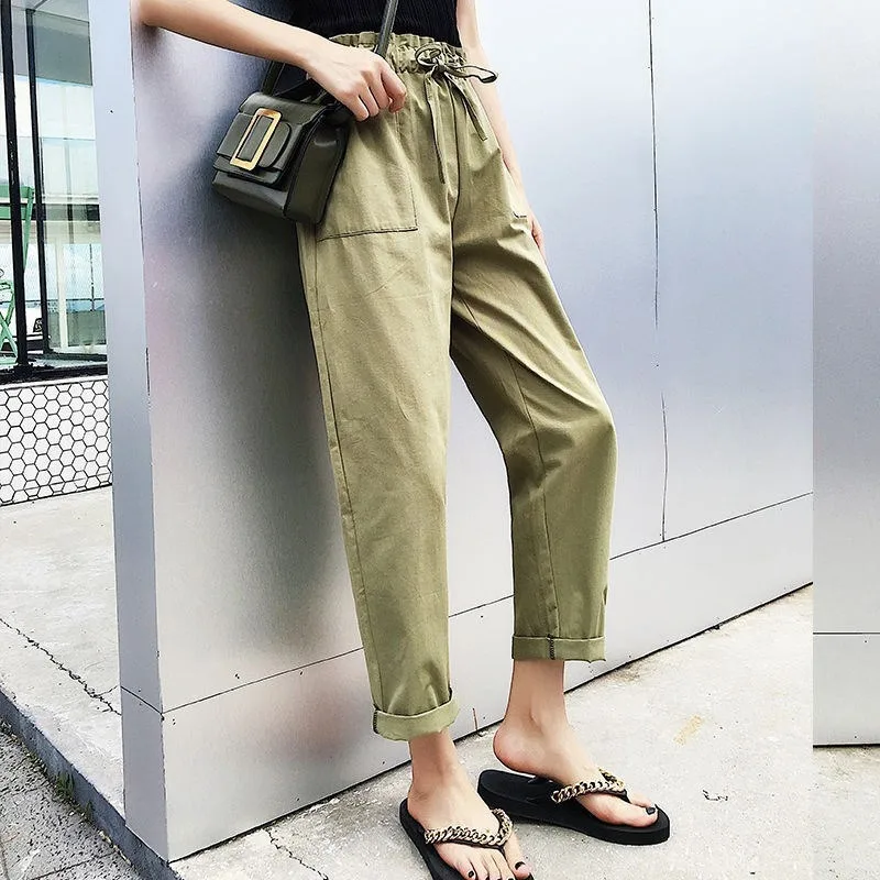 

Streetwear Cargo High Waist Women Casual Joggers Black Elastic Loose Female Trousers Korean Style Lady Solid Pockets Pants Pants