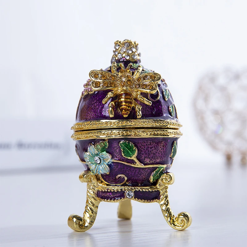 

H&D Vintage Russia Egg Trinket Box Jeweled Bee Hinged Jewelry Ring Holder Collectible Figurine Gift Home Wedding Decor (Purple)