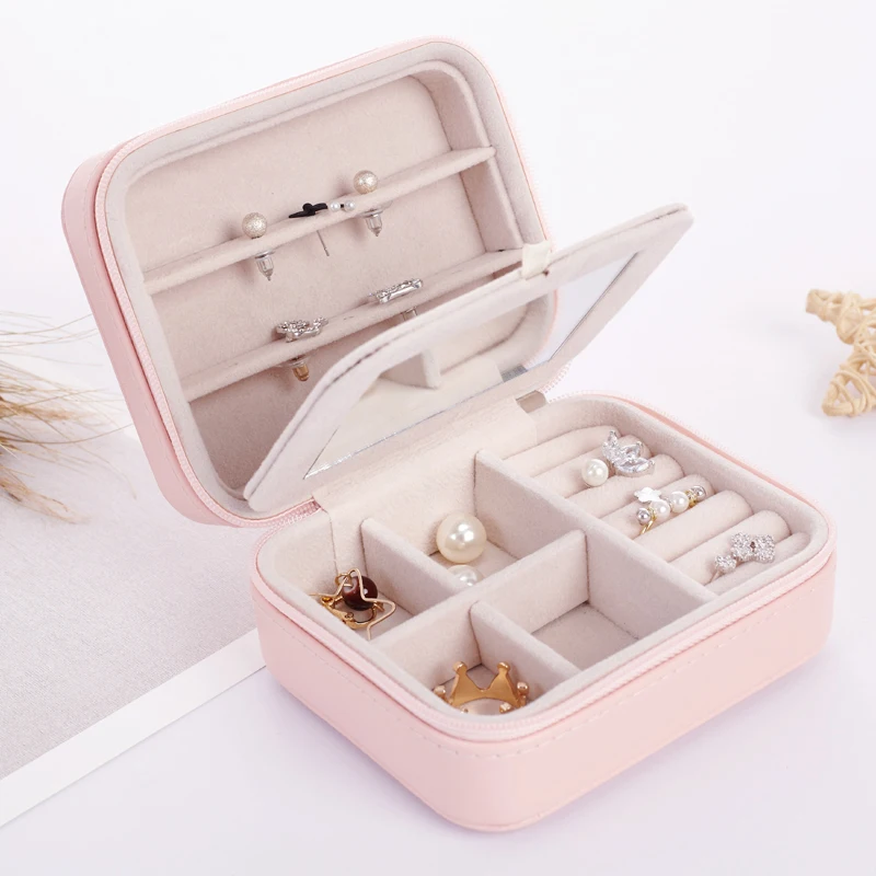 Hot sale pretty Leather Travel Portable Mini stud earring ring Jewelry Box Case with Mirror Jewelry Display Box Makeup Organizer