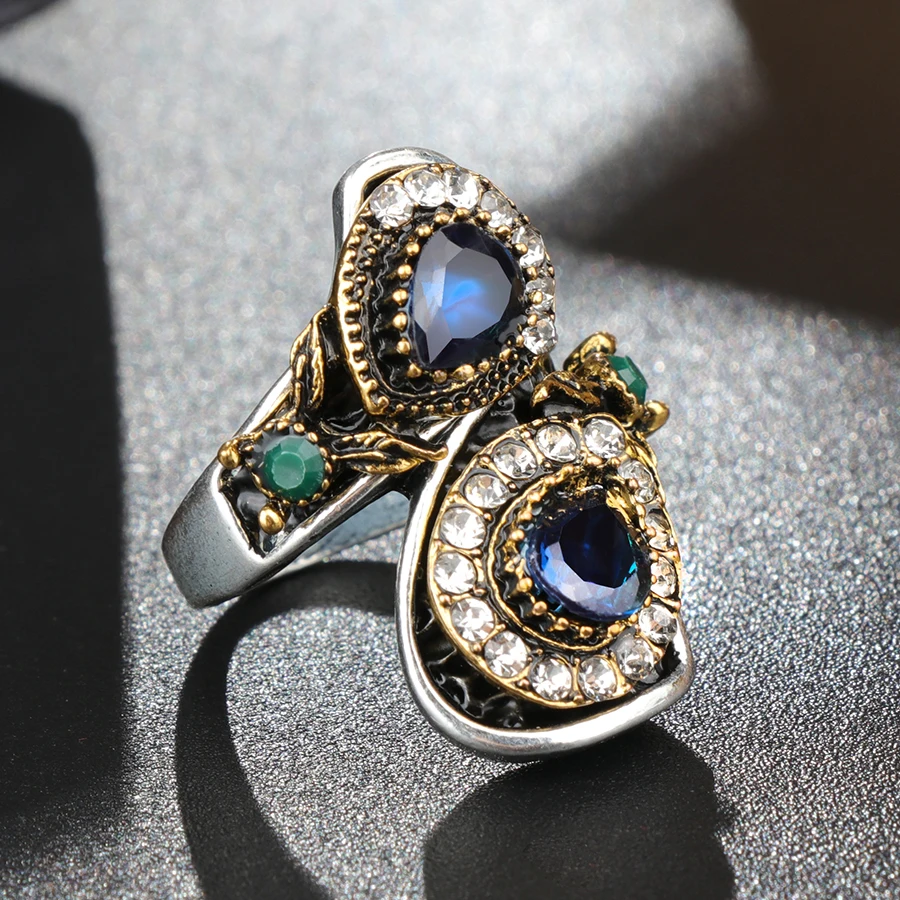 Kinel Vintage Blue Ring For Women Antique Gold Fashion Crystal Flower Engagement Wedding Rings Turkish Jewelry Wholesale