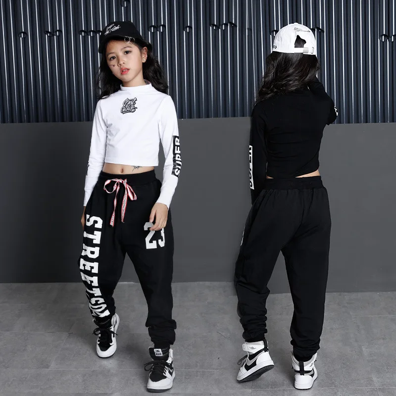 Meisjes Hip Hop Kleding Zwart Wit Dansen Sweatshirt Top Kids Ballroom Custumes Street Wear Prestaties Toont Dance Pakken