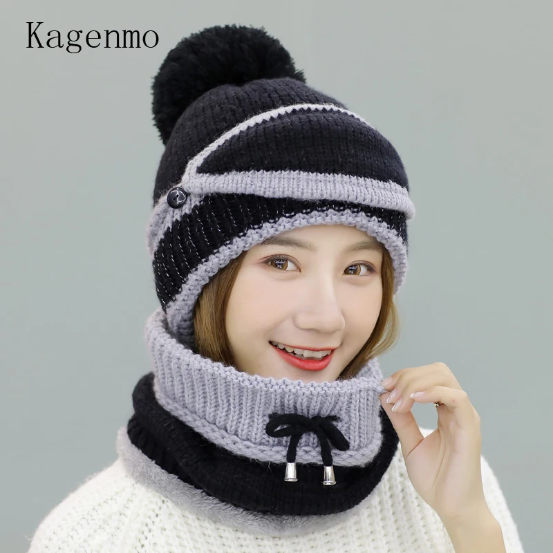 Kangemo Warme Winter Frauen Kappe Schal Maske Outdoor Ear Gesicht Hals Warm Sets Mode Dicker Baumwolle Hut Thermische Schals