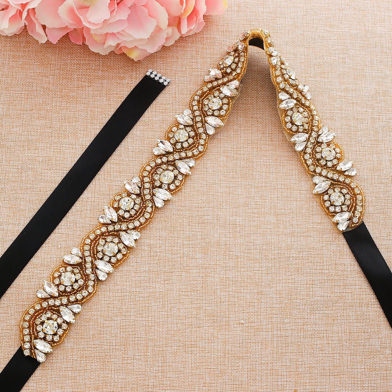 SESTHFAR Crystal Bridal Belt Diamond Wedding Belts Gold Rhinestones Flower Bridal Sash For Wedding Accessories Belt