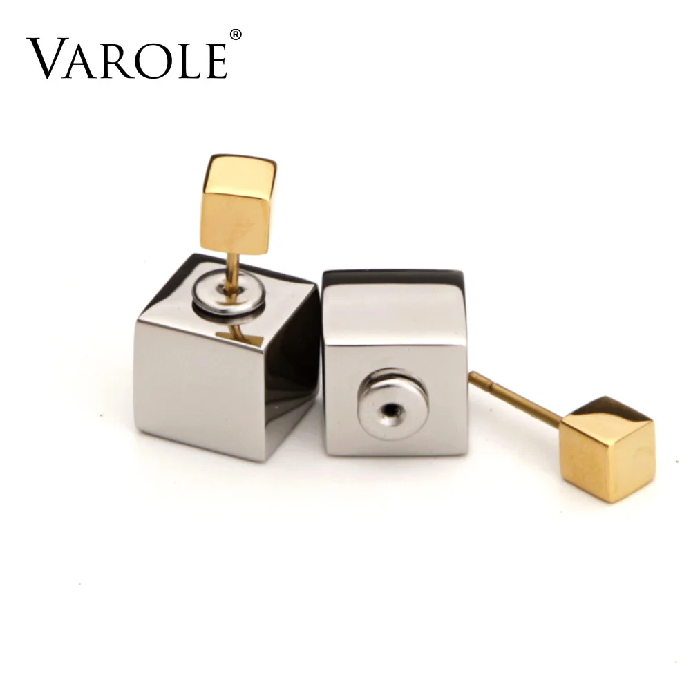 VAROLE Double Sided Square Cubes Stud Earrings Gold Color Stainless Steel for Women Jewelry Best Present Brincos