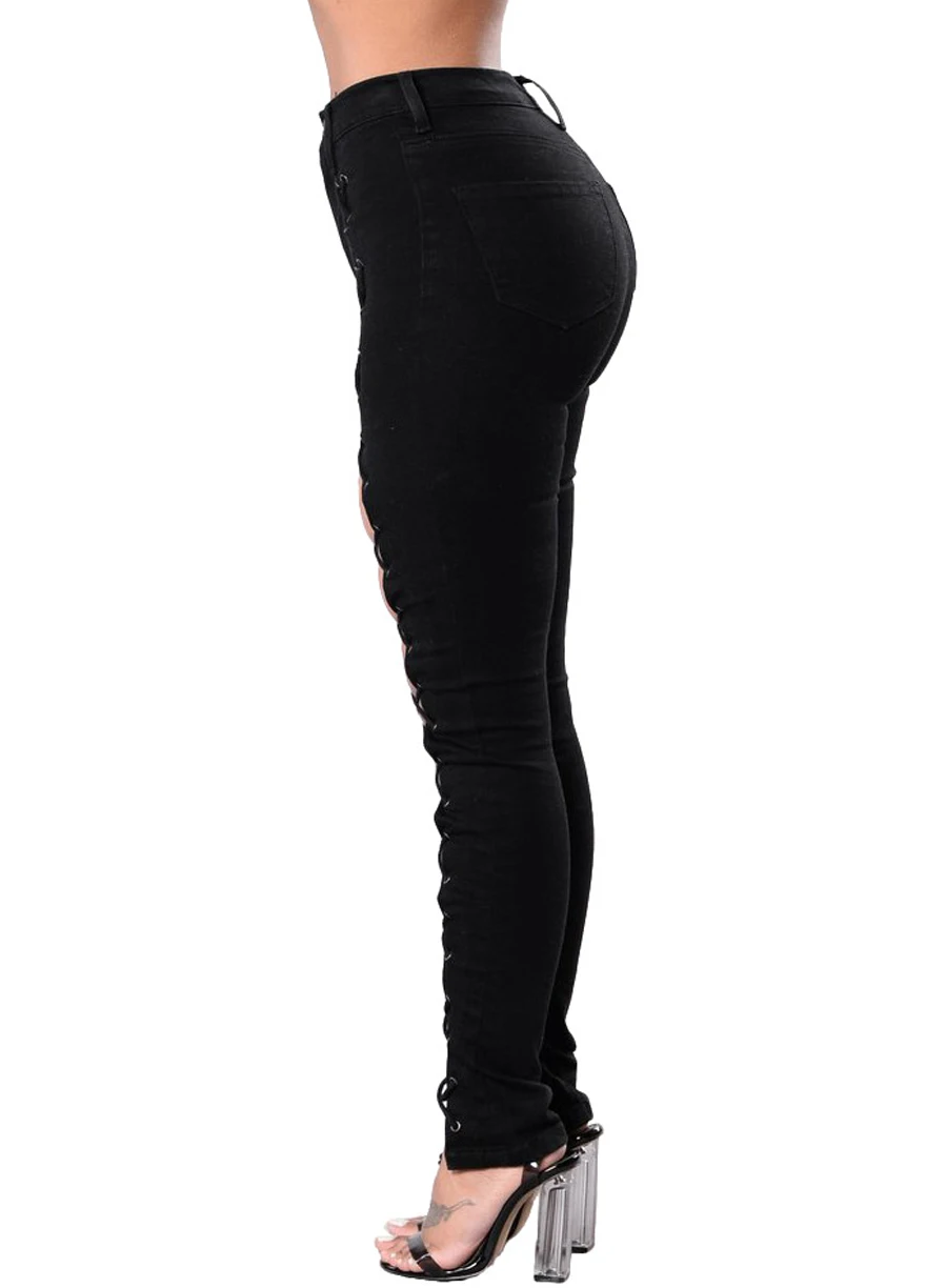 Large Size Wash Denim Black Lace up Front Sculpt Jeans S-3XL New Fashion Women Pencil Pants Butt Lifting Skinny Denim Jeans