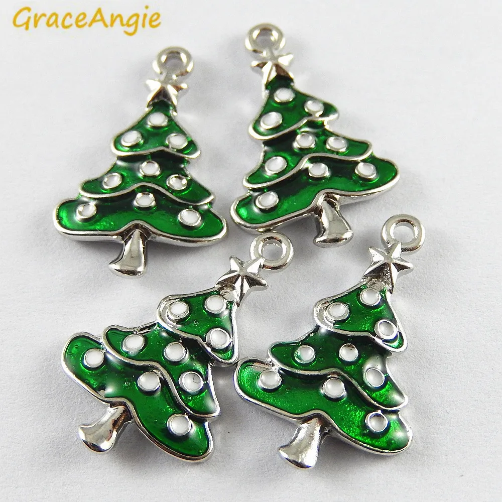 10PCS Green Enamel Small Christmas Tree Charms Wholesale Christmas Deco Handmade Crafts Necklace Pendant Accessory Jewelry