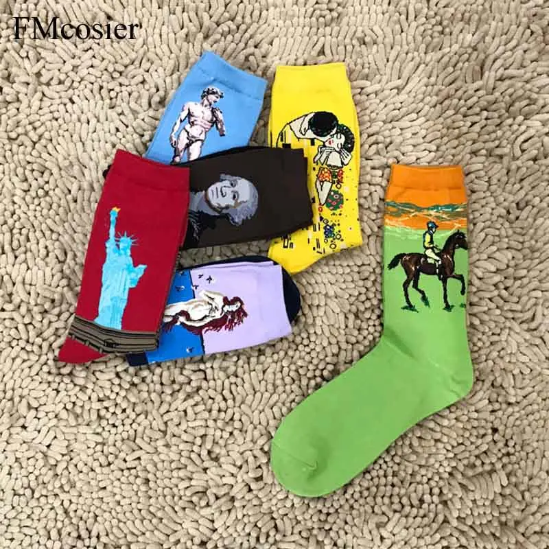 Breathable Cotton Happy Van Gogh Art Socks Calcetines Hombre Gifts for Man Dress Long Funny Socken Herren Oil Painting