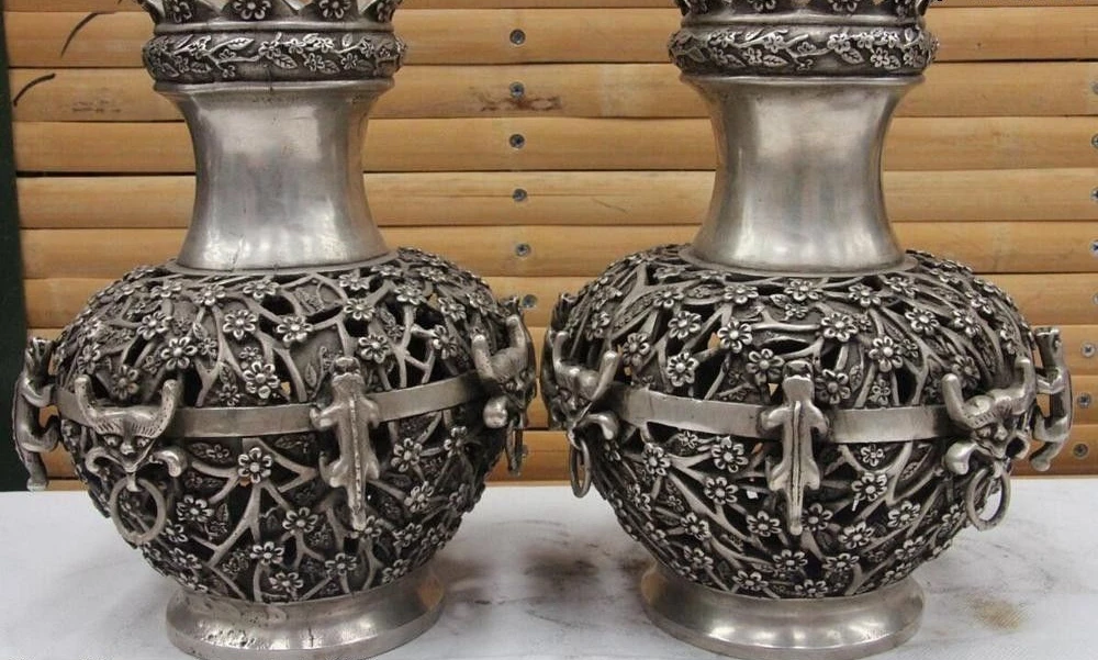 Chinese Copper Silver Foo Dog Beast Plum Blossom Hollow out Bottle Pot Vase Pair