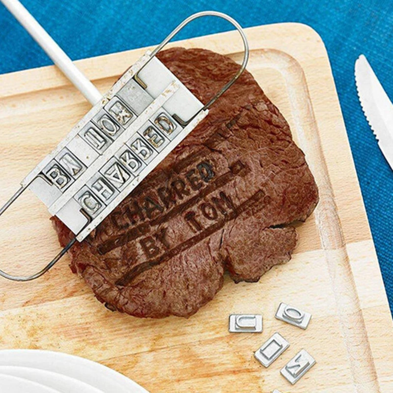 BBQ Meat Stigma Tools, Branding Iron Wooden Handle, Stainless Steel, 55 Letters, Restaurant Steak, Outdoor Barbecue Tools, 45cm