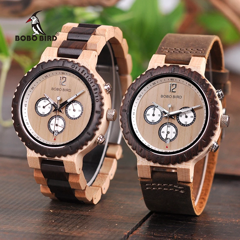 BOBO BIRD Wood Watch Men Chronograph Quartz Wristwatch Women Auto Date Relogio Feminino with Gift Box J-R08