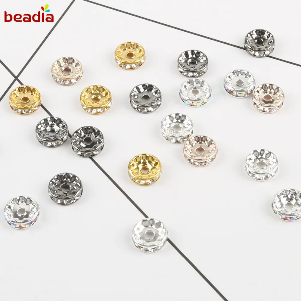 4 6 8 10mm Gold Gunmetal Crystal Rhinestone Rondelles Loose Spacer Beads for DIY Jewelry Findings Making Accessories