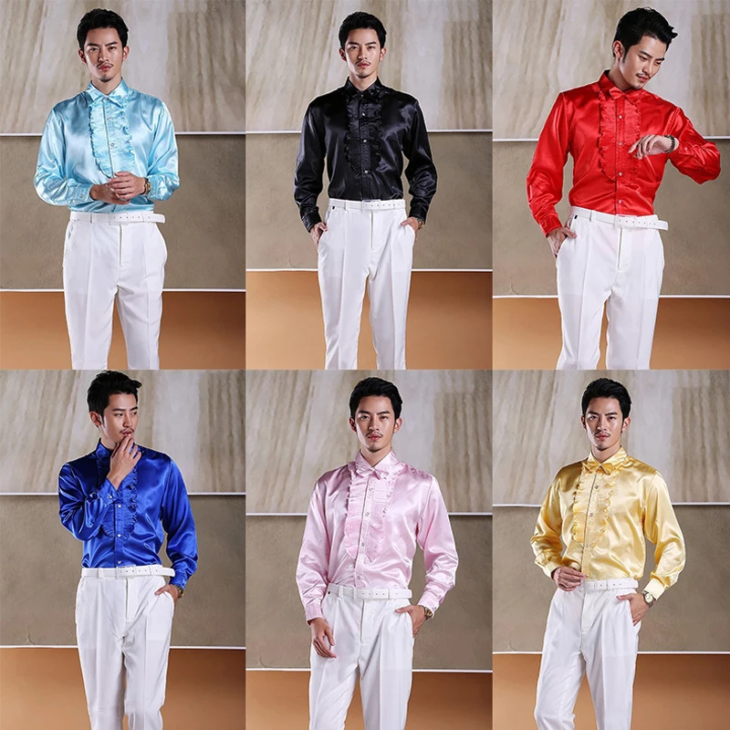 Pink Chest Ruffle Vintage Satin Shirt Men 2019 New Slim Fit Long Sleeve Chemise Homme Party Wedding Stage Clothing Camisa Hombre