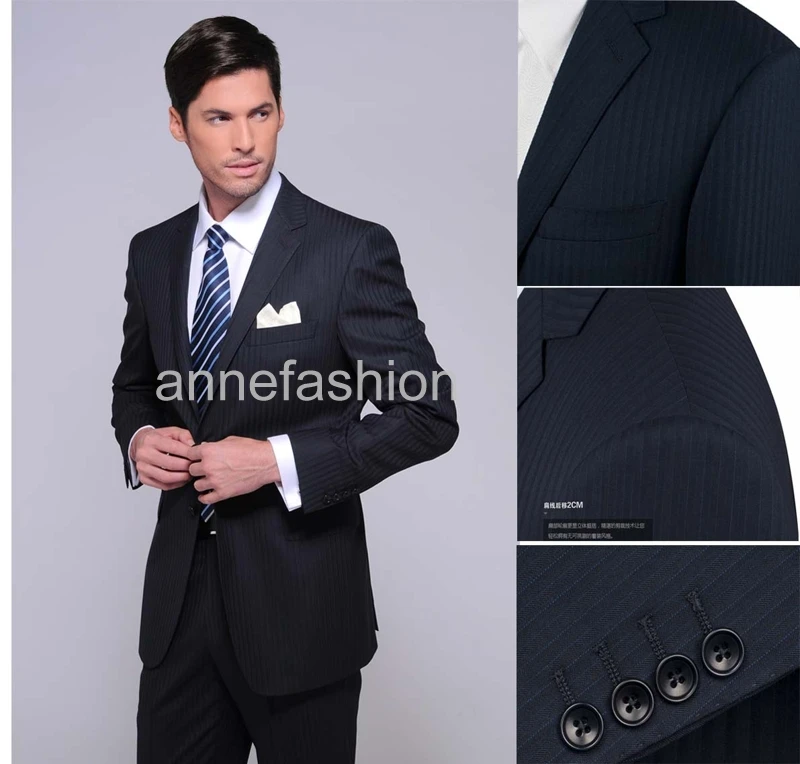 Custom made High quality wool dark navy stripe men suit for wedding business occasion (jacket+pants)