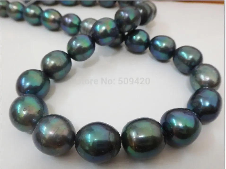 

18"10-11MM NATURAL TAHITIAN GENUINE BLACK PEACOCK GREEN OVAL PEARL NECKLACE