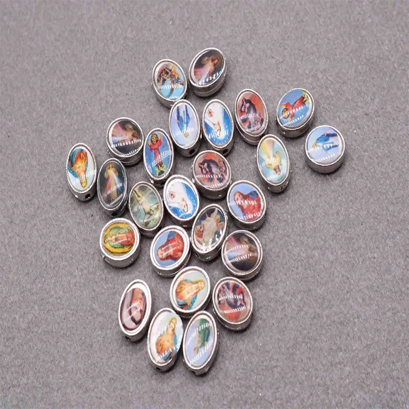 Christian double-sided icon large hole handmade beaded mini pendant medal cross day charm handmade jewelry DIY accessories.100pc
