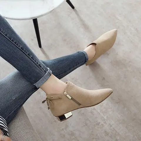 Newest Pointed Toe Women High Heel Boots Large Size Single Suede Zippers Female Ankle Boots Spring Women Boots