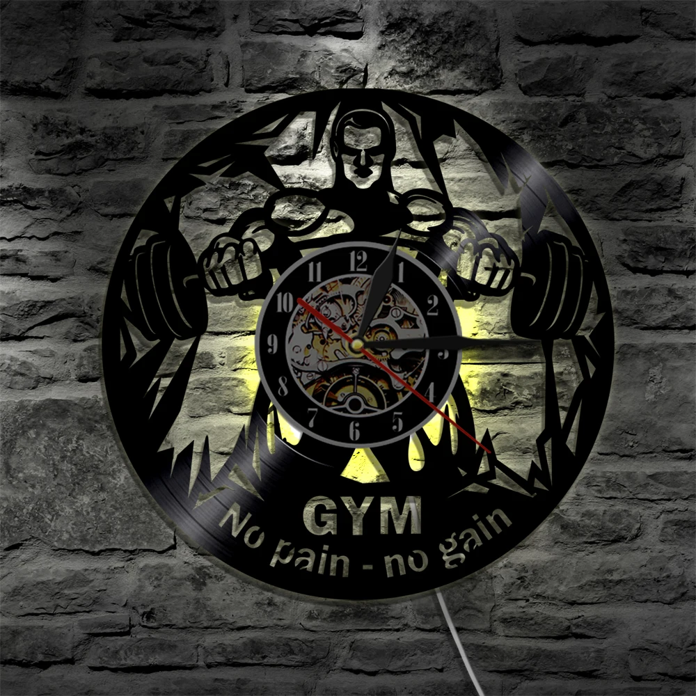 GYM No Pain No Gain Wall Clock LED Night Light Weightlifting Fitness Sport Wall Watch LED Hanging Lamp Decor