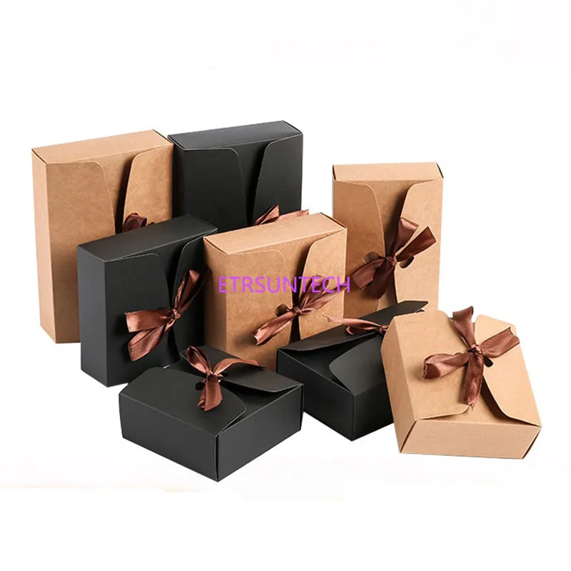 100Pcs/Lot Black/Brown Kraft Paper Gift Boxes With Ribbon Bow Party Kraft Paper Carton Gift Packing Boxes Wholesale