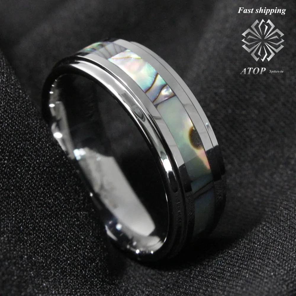 8mm Tungsten Stunning Abalone Stripe Inlaid Wedding Band Ring Men Free Shipping