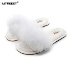 FAYUEKEY-Pantoufles en Fourrure pour Femme, Chaussures Plates Moelleuses en Coton pour Maison, Sol de Mariage, Chambre à Coucher, Printemps, Été, Hiver