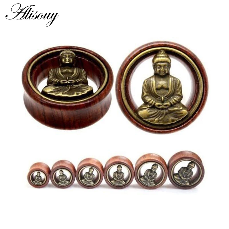 Alisouy Ear Expander Ear Piercing 1 Pair 8-20mm of Wooden Buddha Ear Plugs Tunnels Gauges Expander Body Piercing Jewelry