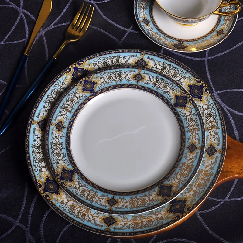 Bone China estilo corte inglés, platos de cena de estilo occidental, platos de carne, bandeja de comida, vajilla de restaurante, regalo de Navidad azul