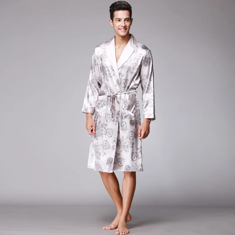 Peignoir imprimé à manches longues pour hommes, vêtements de nuit en satin, robe de pyjama, ceinture, vêtements de nuit, printemps, automne, SSH0127
