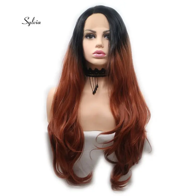 Sylvia Black To Brown Red Ombre Natural Wave Hair Synthetic Lace Front Wigs Long Wavy Wigs Heat Resistant Hair Wigs