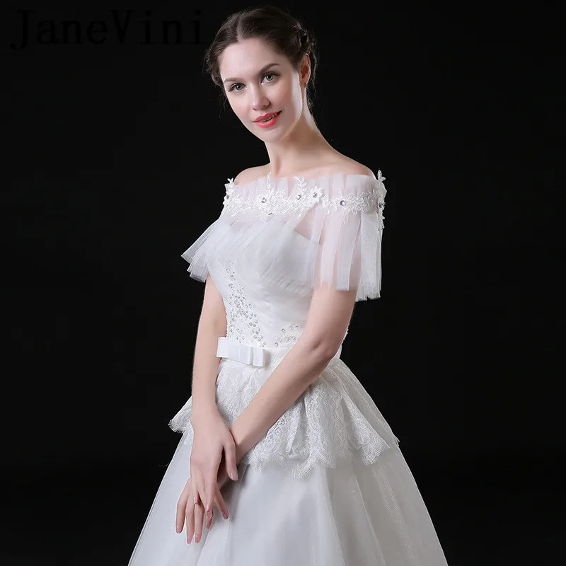 JaneVini Brautjacke Kant Applicaties Bridal Capes Verstelbare Lace-Up Vrouwen Wit Kralen Zomer Bolero Wedding Shawl Stola Wraps