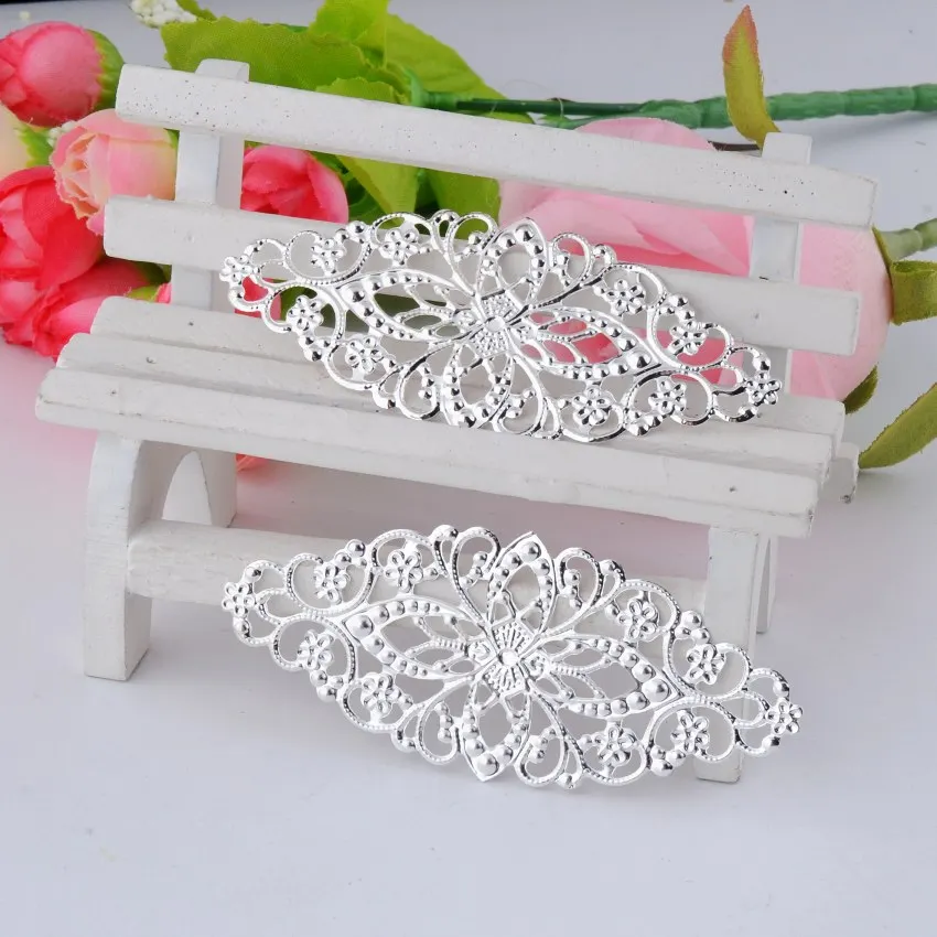 Free shipping Retail 10 Silver Plated Filigree Flower Wraps Filigree Connectors Metal Crafts Decoration DIY Findings 8x3.5cm