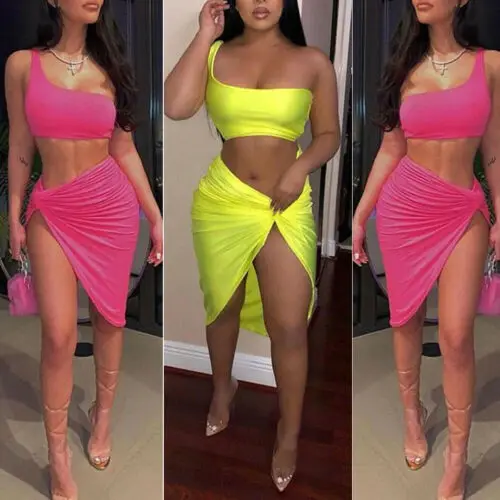 Summer Women Sexy 2 Piece Clothes Set Crop Tops and Split Skirt Set Lace Up Mini Dress Beach Vacation Resort Wear