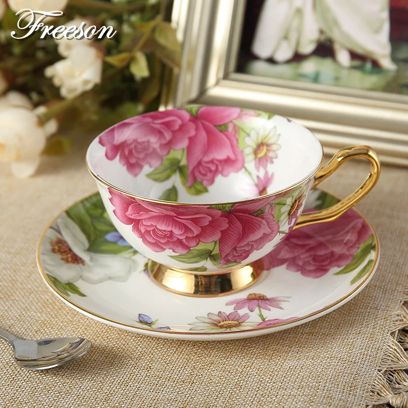 Pastoral Rose Bone China Tea Cup Saucer Spoon Set 200ml British Ceramic Coffee Cup Advanced Porcelain Afternoon Teacup Drop Ship