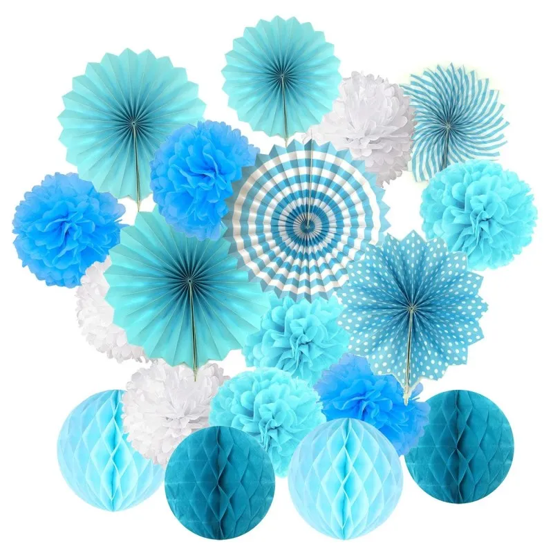 19Pcs/Set Blue Tissue Paper Pom Poms Flower Fan and Honeycomb Balls for Birthday Baby Shower Wedding Festival Decorations