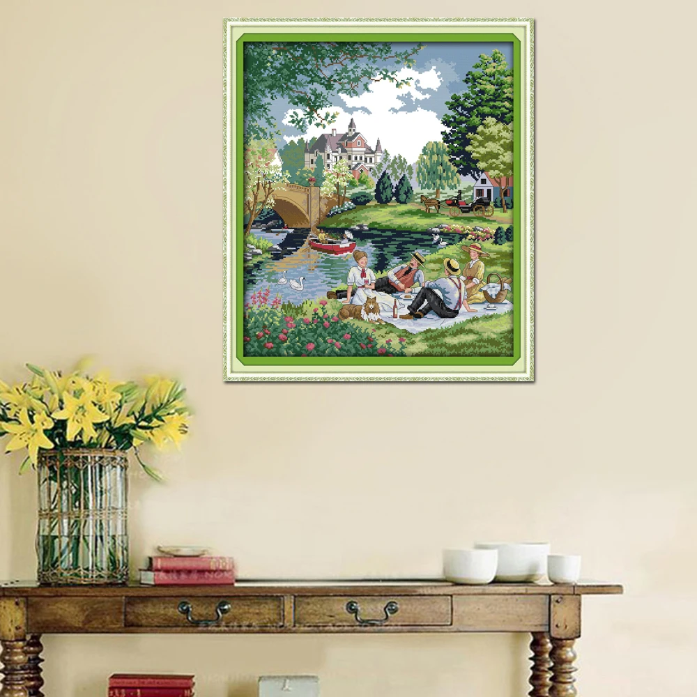 Joy Sunday Cross Stitch for Home Decor, A Picnic in the Suburbs, Counted Creek, Meadow House, Outing Embroidery, F545, 14CT, 11C