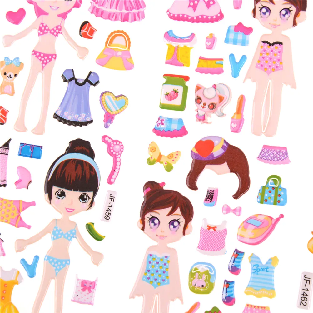 5 sheets Cartoon Beauty Dress Up Little Girl Loves PVC Stickers Lovely Kids Dress Up Stickers For girl toys gifts