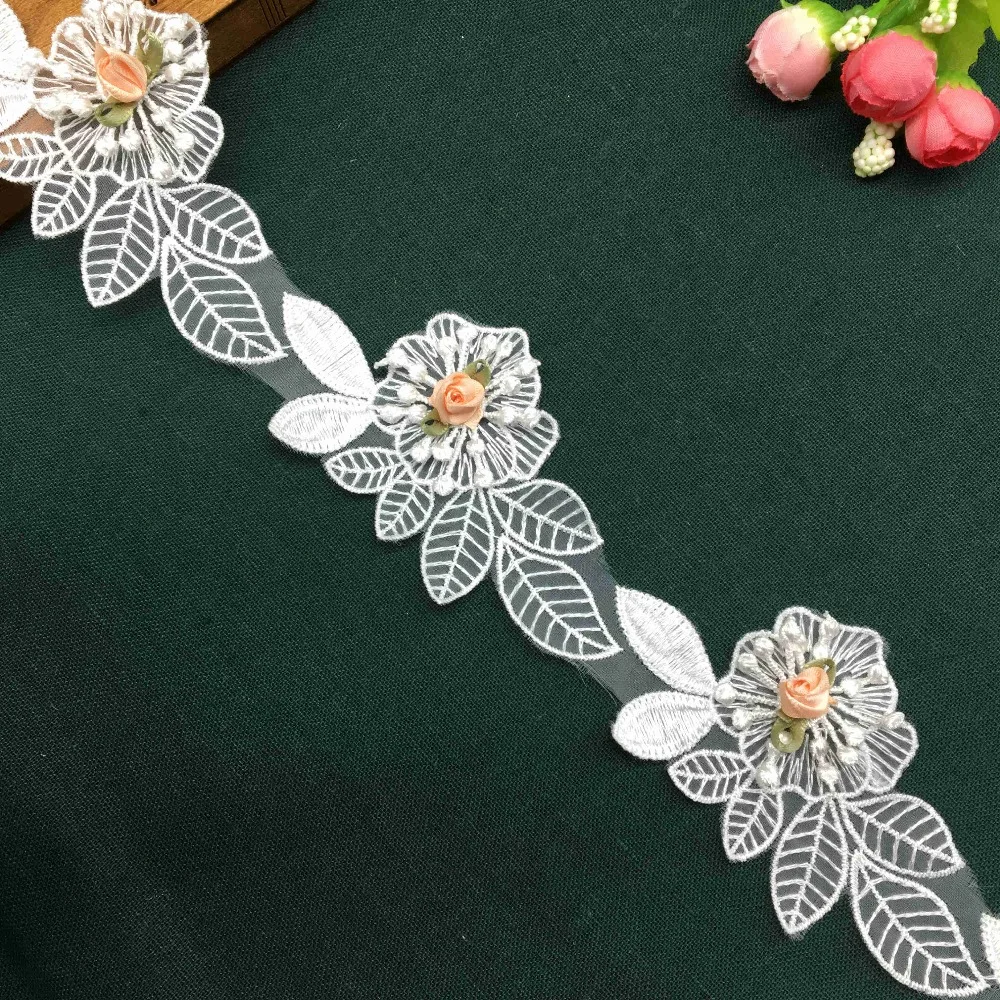 

10Pcs White Leaf Flower 3D Rose Laces Fabric Embroidered Lace Trim Applique Ribbon Wedding DIY Decoration Costume Sewing Craft