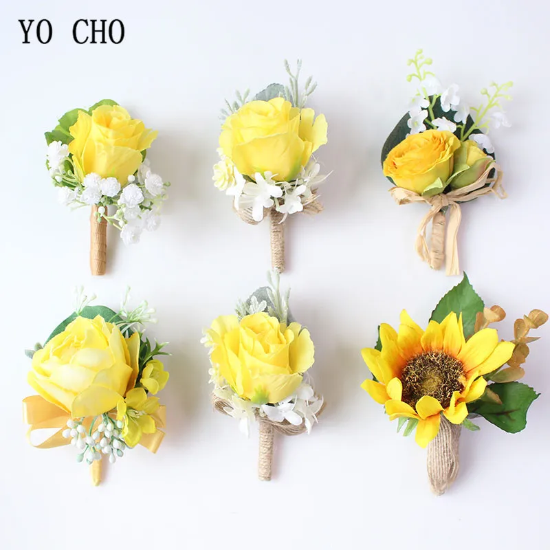 YO CHO Boutonnieres Men Roses Yellow Silk Flowers Wrist Corsages Bracelet Sunflowers for Boutonnieres Marriage Wedding Supplies