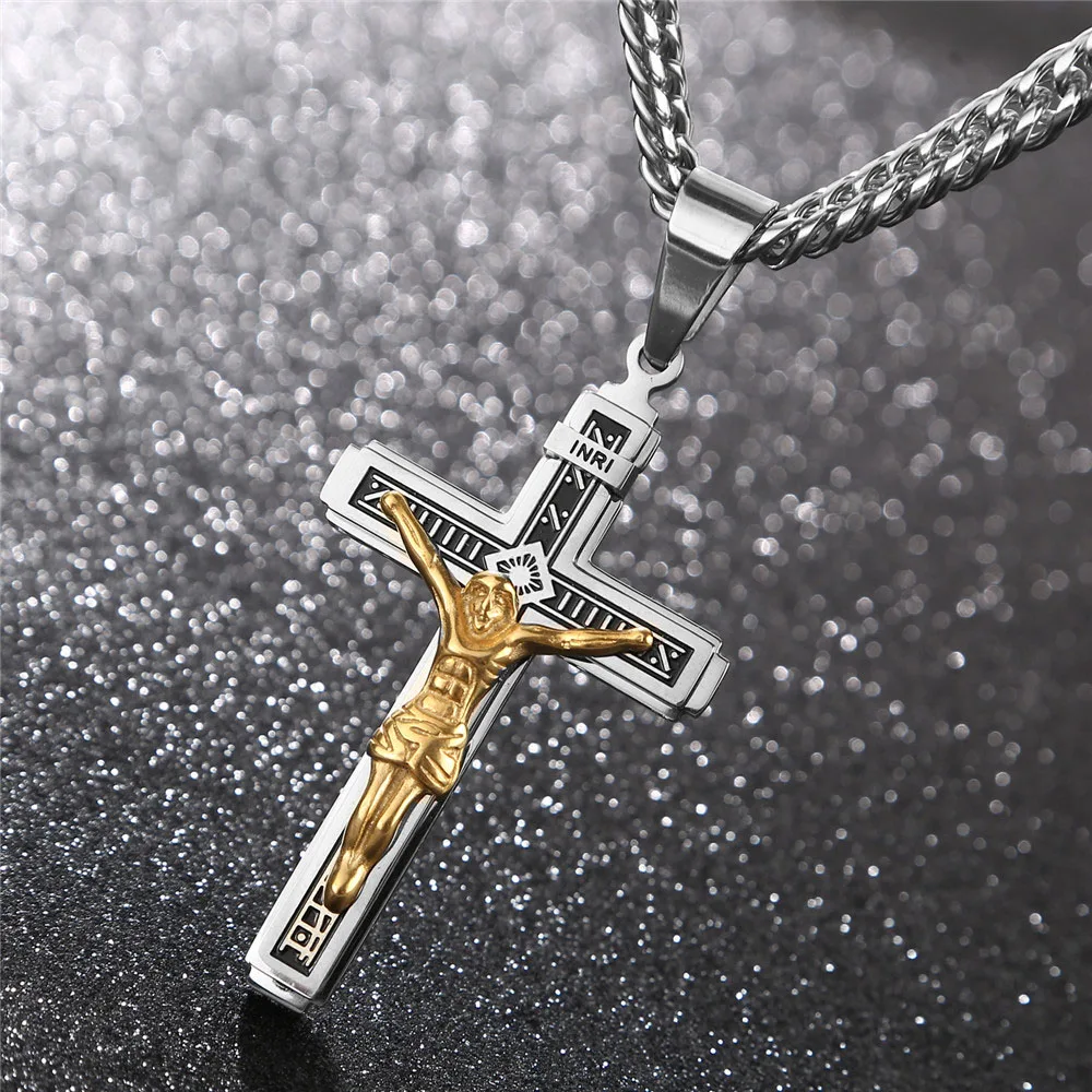 

Stainless Steel INRI Cross Pendant Necklaces Jesus Prayer Male Christian Collar Lucky Pendant Accessories For MenGift