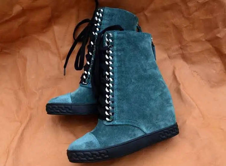 

Ankle Boots For Women Lace Up 8cm Height Increasing Women Shoes Chain Decoration Winter Wedge Boots Woman Motorcycle Boots