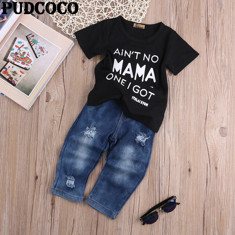 2PCS Toddler Infant Kid Baby Boy Clothes Casual Handsome Short Sleeve T-shirt Tops Denim Jeans Long Pants Outfits Clothing Set