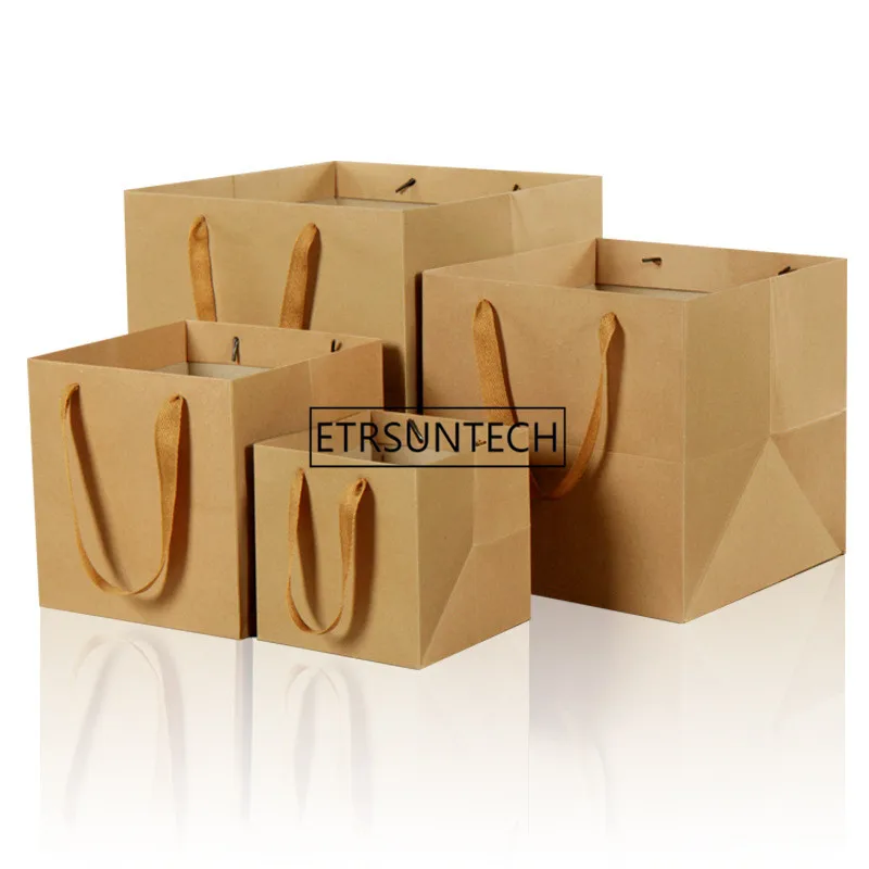 100Pcs/Lot Fruit Flowers Bonsai Packaging Paper Bag With Handle Square Bottom Kraft Paper bag Gift Bag Black/Brown 4 Large Size