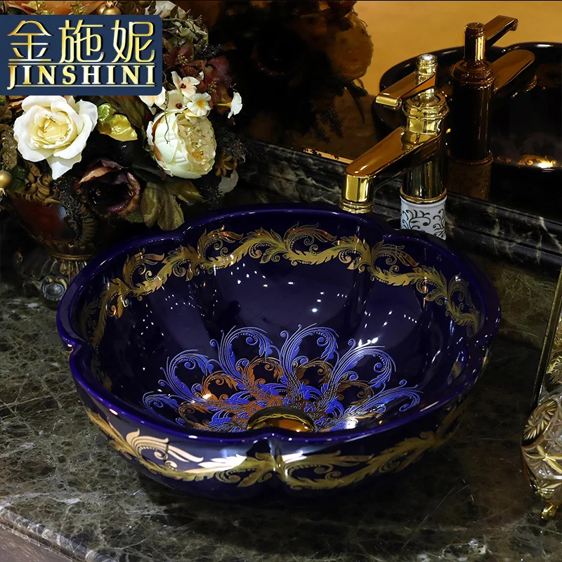 Gold counter basin jingdezhen ceramic circle bathroom washbasin wash basin modern fashion