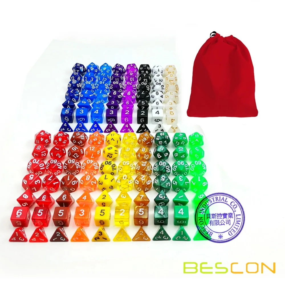 Bescon Multi-Colored RPG Dice Pack of 126 Polyhedral Dice 18 Complete Sets of 7 Dice 18 Different Colors - Red Velvet Bag Pack