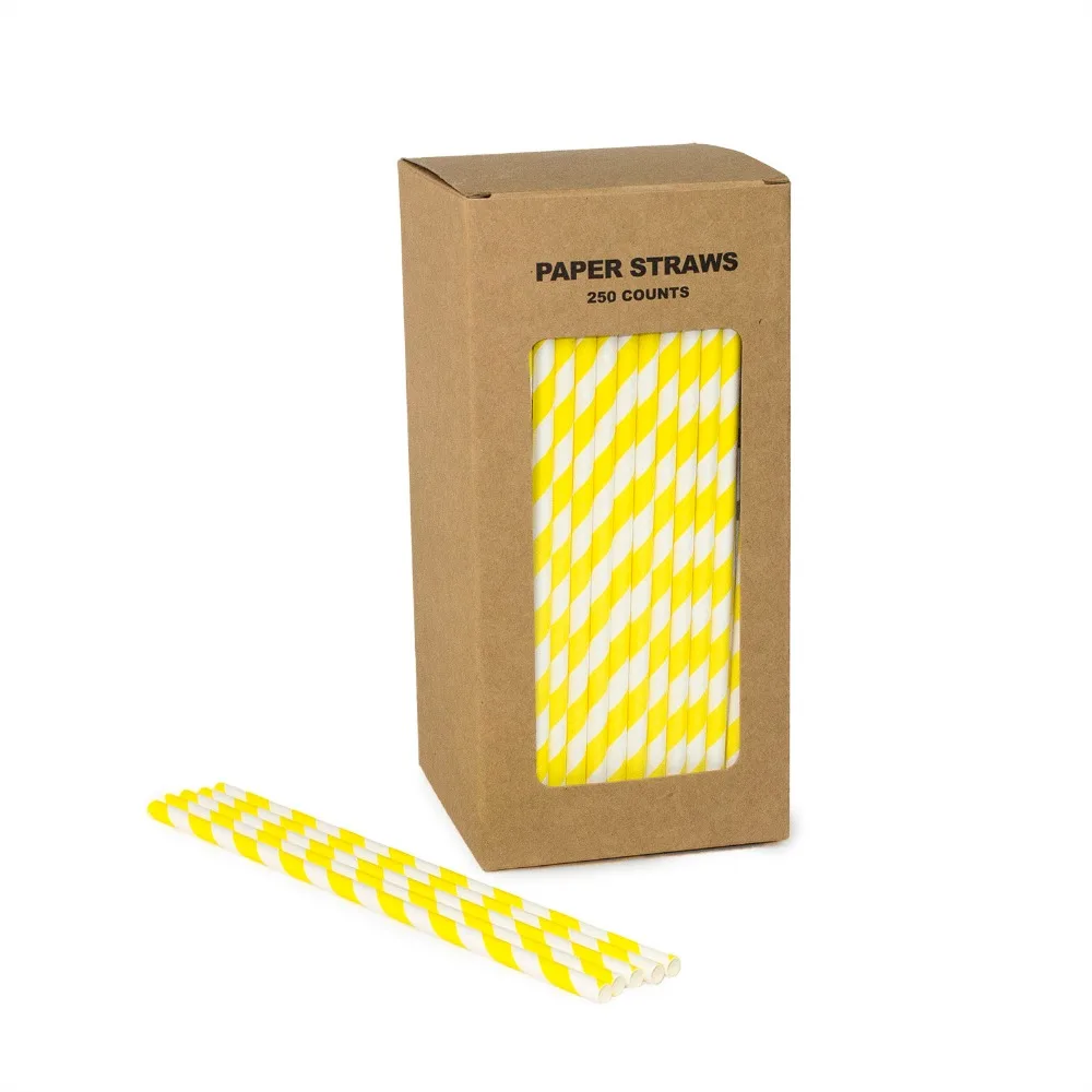 Free Shipping 100% Biodegradable Paper Straws Stripe Yellow Drink Straws 250 Counts  Box