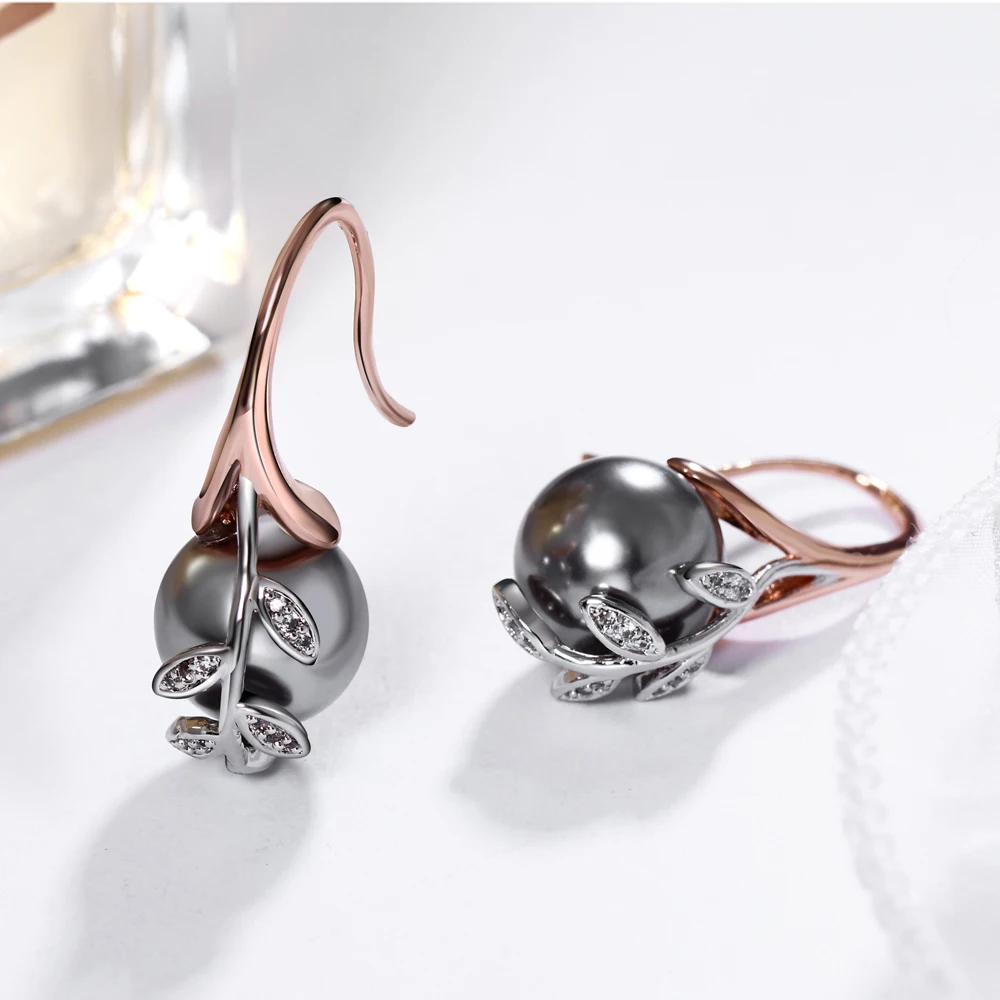 Dropshipping RoseGgold plate pave grey pearl & cubic zircon crystal Wholesale cheap jewelry lots Dangling earrings for women